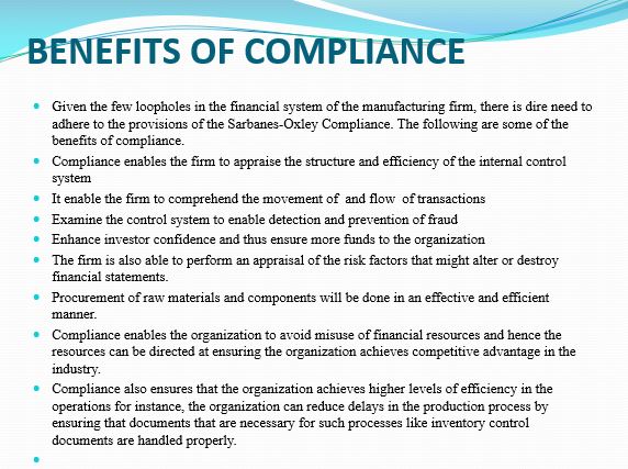 BENEFITS OF COMPLIANCE