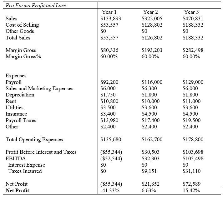 Estimated Profits and Losses over the first three years