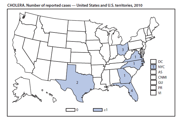 Illustration of the cholera infections reported in the United States